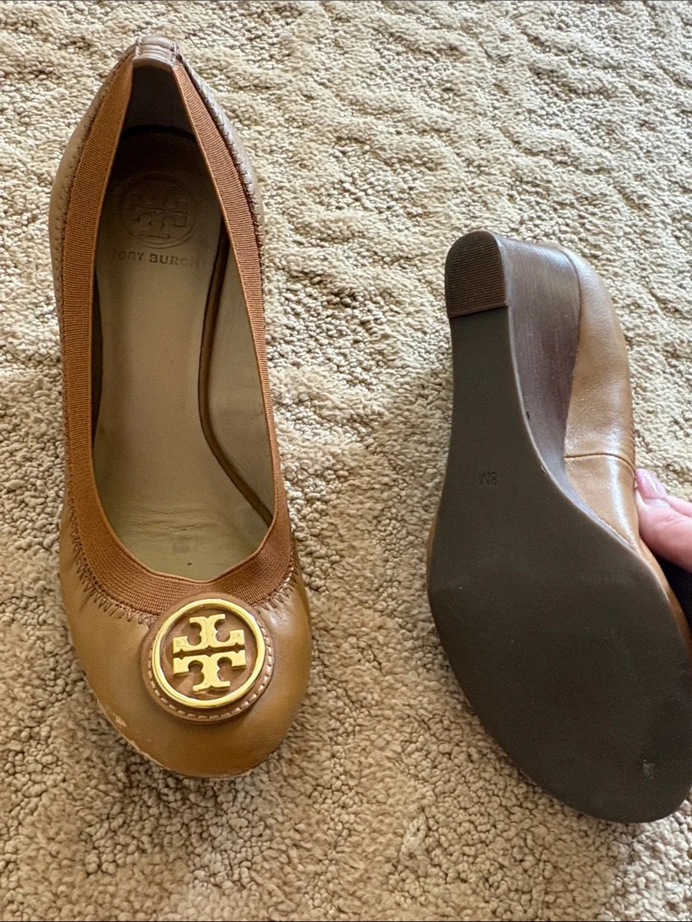 Tory Burch Tan Leather Wedges with Gold Logo Medallion